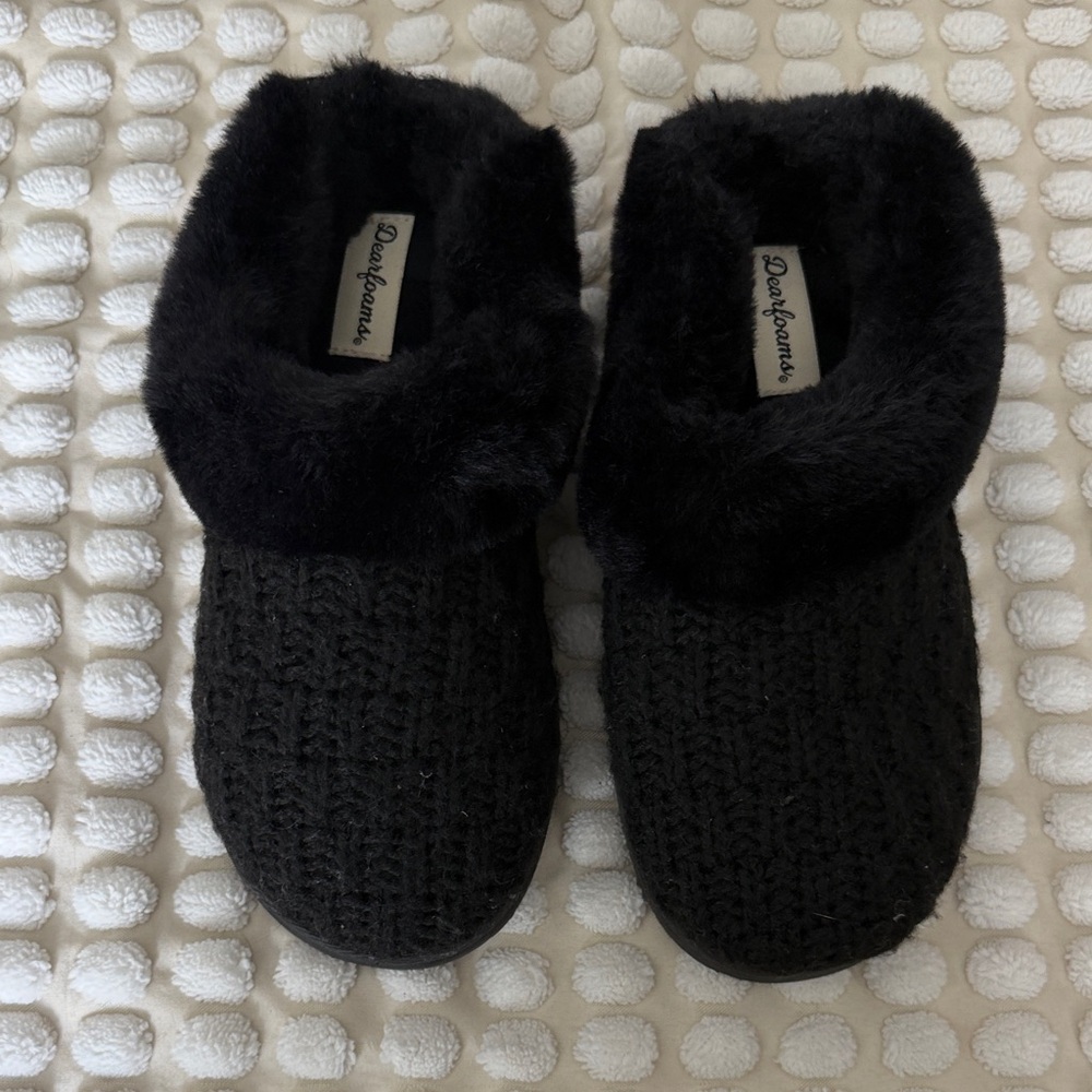 dearfoams Black Knit Fur-Trim Slip-On Slippers